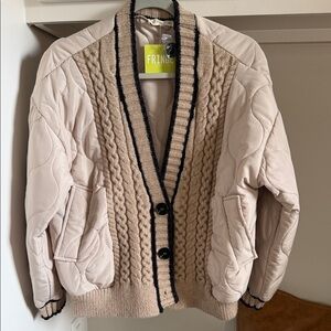 Beige Cable Knit Cardigan with Black Trim